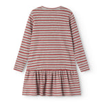 Red and white striped children's dress with long sleeves and gathered skirt