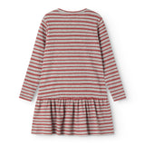 Red and white striped children's dress with long sleeves and gathered skirt