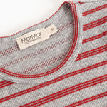 Close-up of red and white striped collar edge and label, gray background