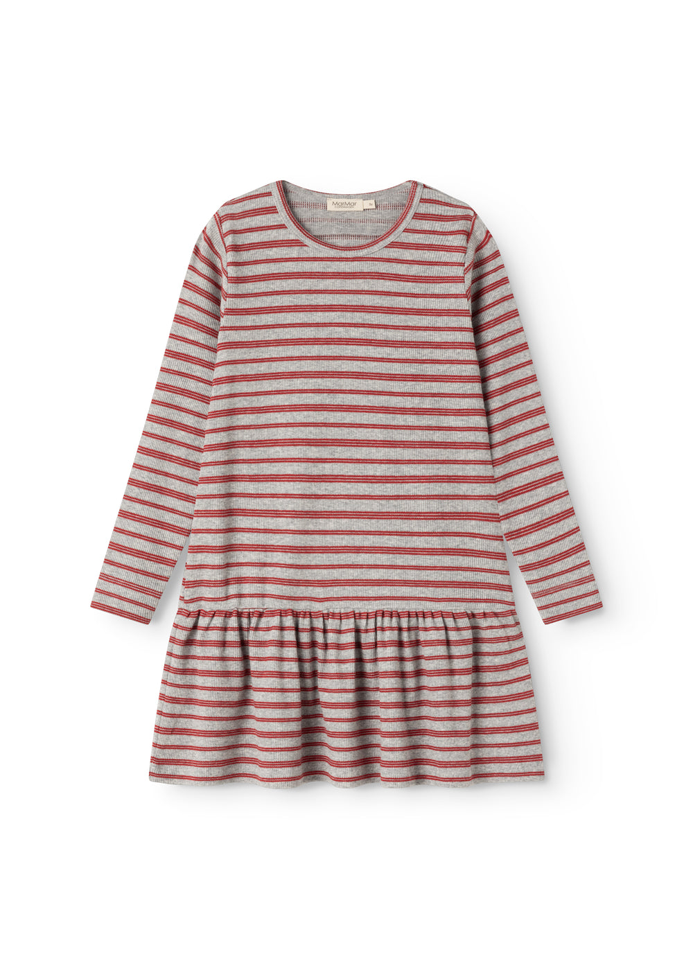Red and white striped children's dress with long sleeves, round neckline, and gathered skirt