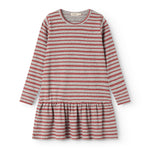 Red and white striped children's dress with long sleeves, round neckline, and gathered skirt