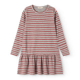 Red and white striped children's dress with long sleeves, round neckline, and gathered skirt