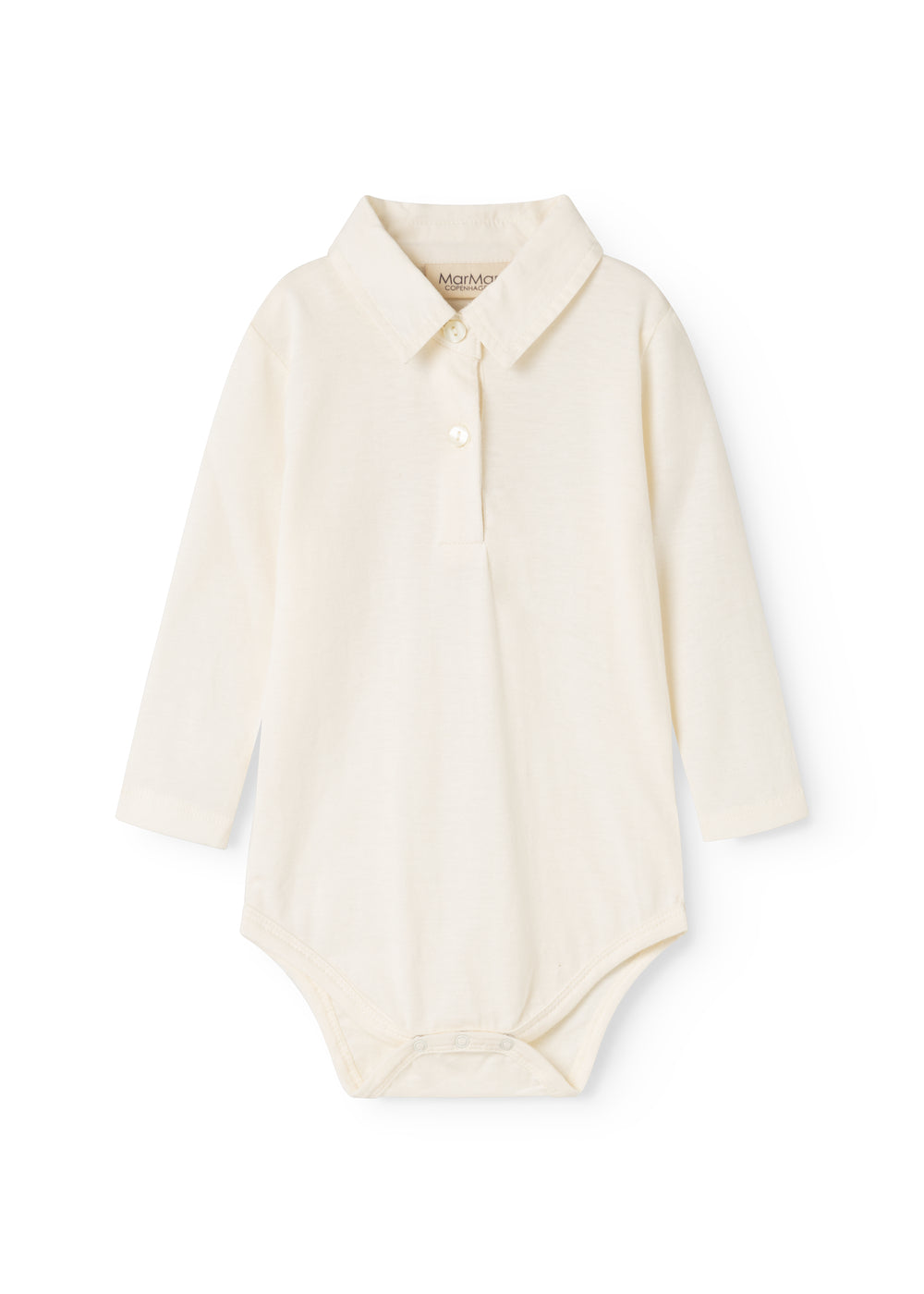 White long-sleeve bodysuit with button closure at the neck and snap fasteners at the crotch