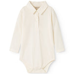 White long-sleeve bodysuit with button closure at the neck and snap fasteners at the crotch
