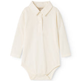 White long-sleeve bodysuit with button closure at the neck and snap fasteners at the crotch