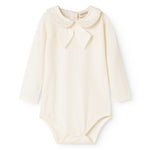 White bodystocking with Peter Pan collar, front bow, and long sleeves
