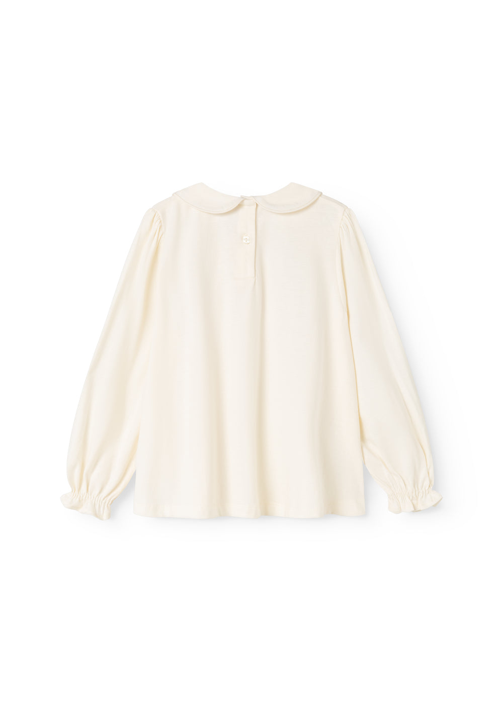 Offwhite blouse with button closure and puff sleeves, round neckline