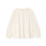 Offwhite blouse with button closure and puff sleeves, round neckline