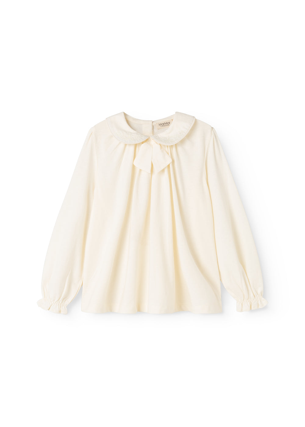 Off-white blouse with ruffle collar, button closure and puff sleeves