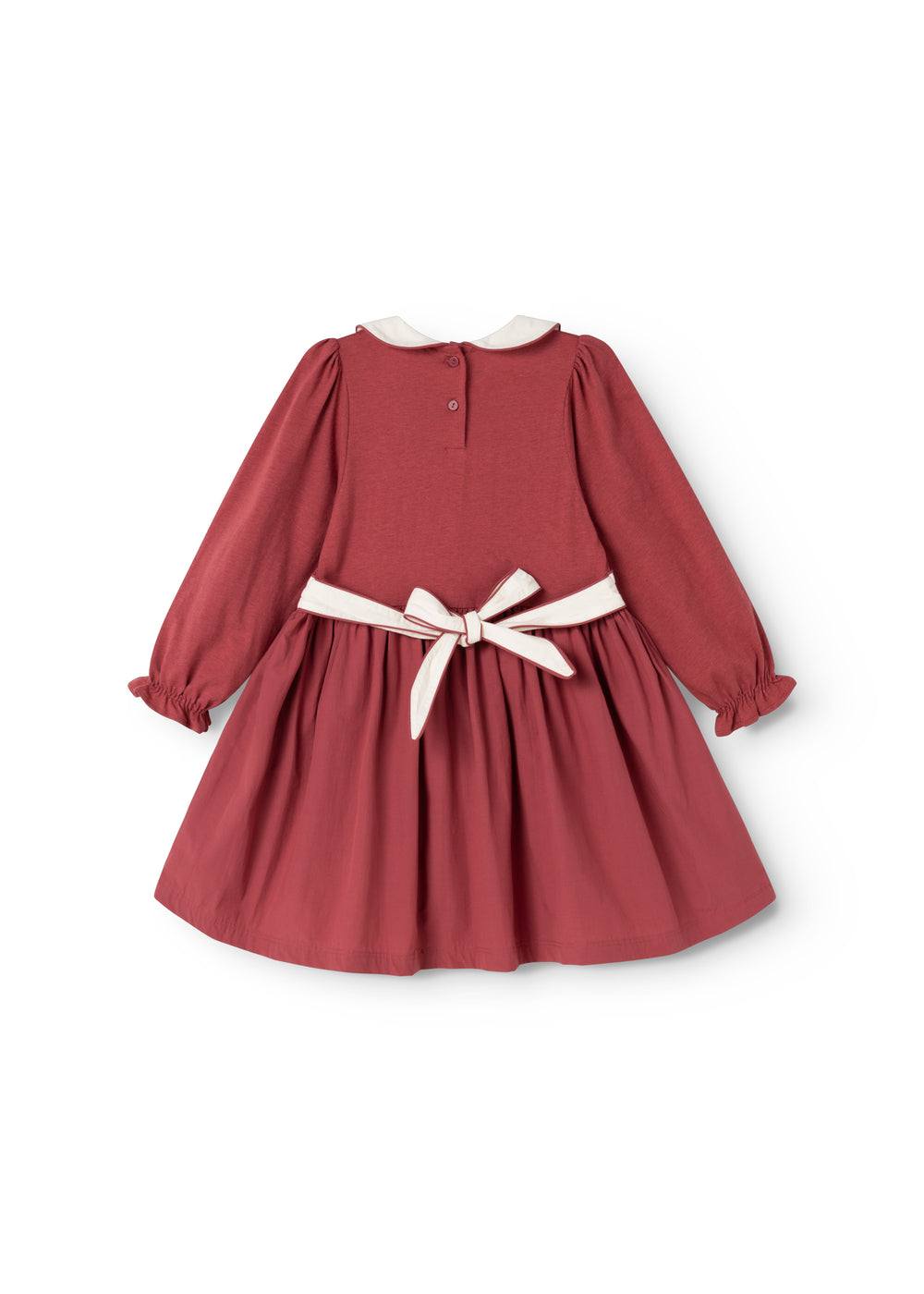 Burgundy dress with white collar trim and tie bow at the waist, long puff sleeves.