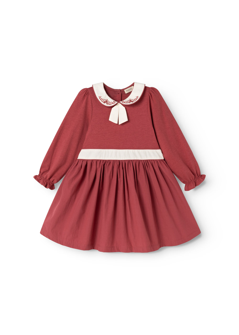 Burgundy dress with white collar, embroidery and bow detail, long puff sleeves.