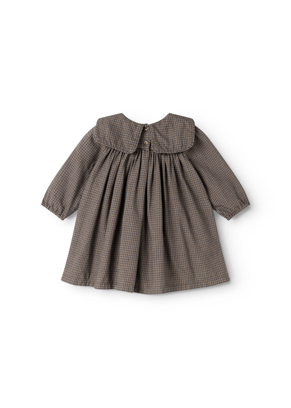 Houndstooth dress in brown-blue check with ruched bodice and ruffle collar