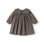 Houndstooth dress in brown-blue check with ruched bodice and ruffle collar