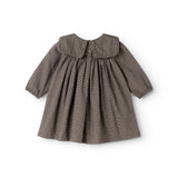 Houndstooth dress in brown-blue check with ruched bodice and ruffle collar