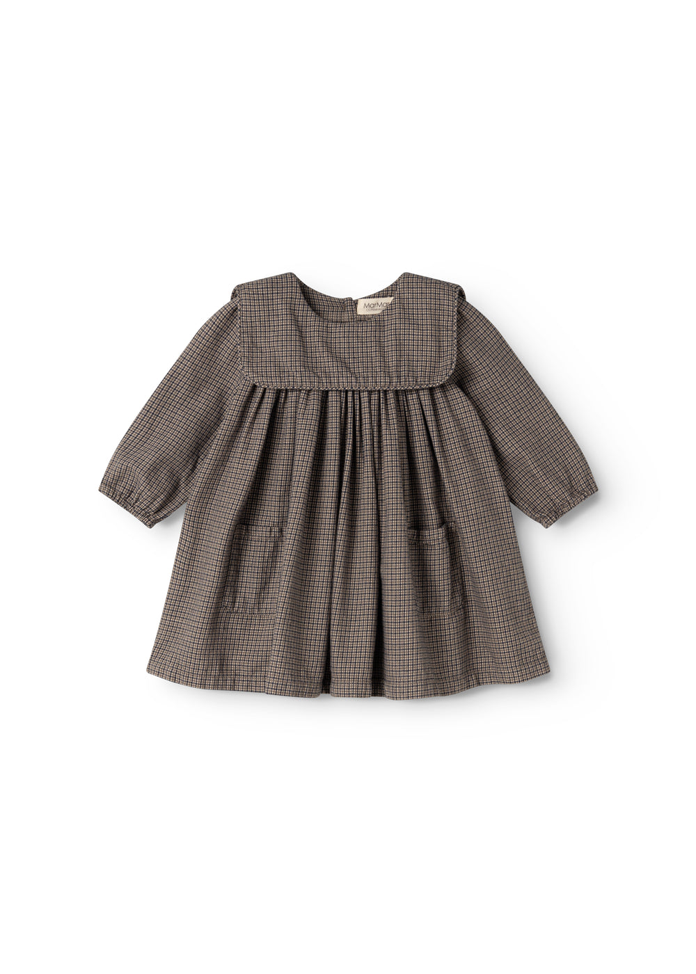 Houndstooth dress in brown-blue check with round collar and long sleeves