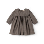 Houndstooth dress in brown-blue check with round collar and long sleeves