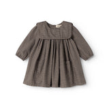 Houndstooth dress in brown-blue check with round collar and long sleeves