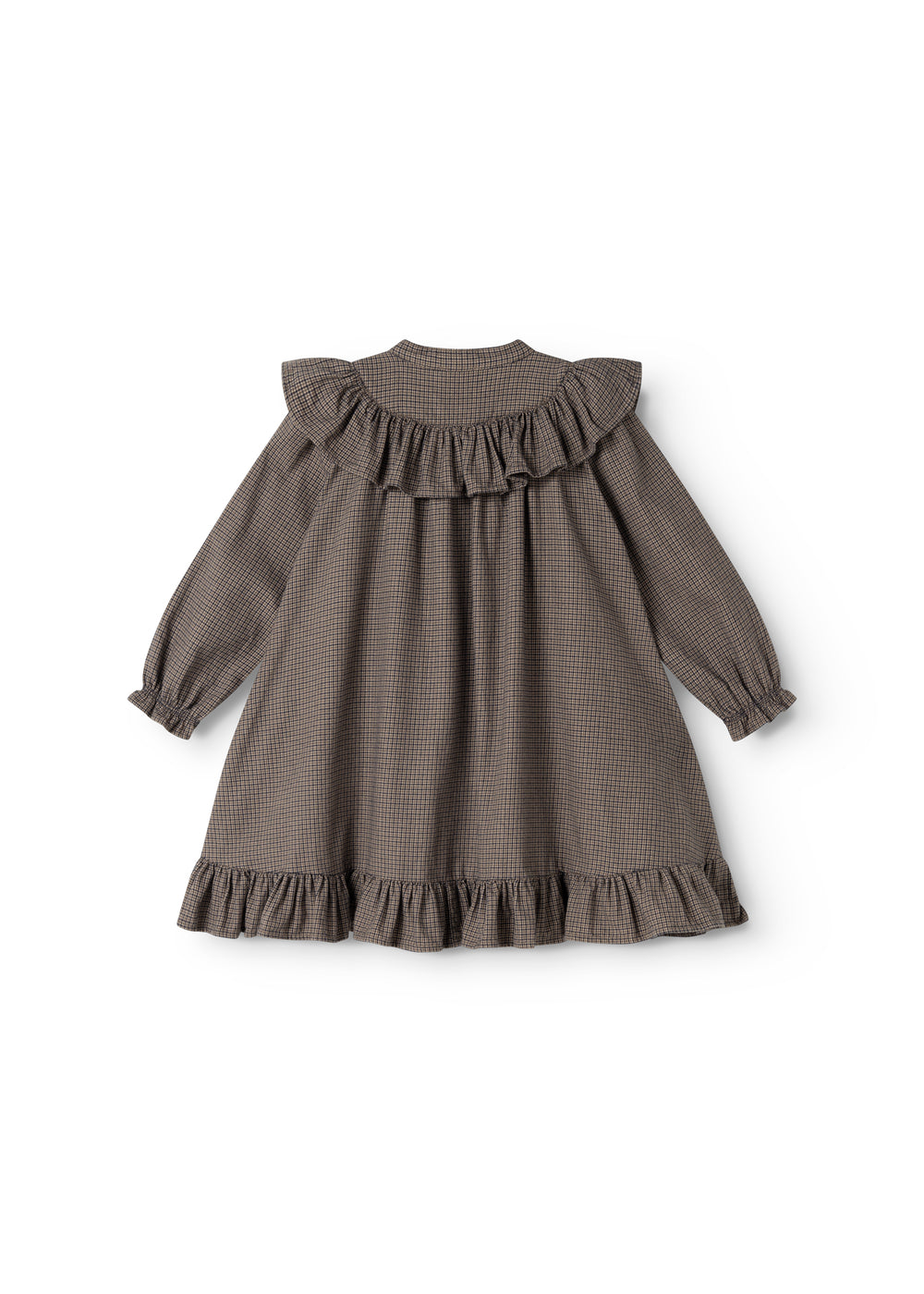 Children's dress with pied de poule pattern, ruffles at the neckline and flounced skirt.
