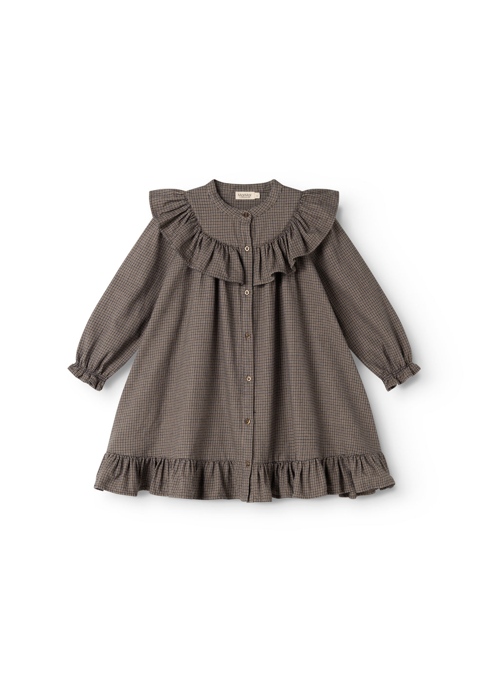 Children's dress with pied de poule pattern, button closure, and ruffle trim at collar and sleeves.