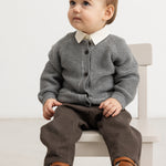 Brown baby pants on infant, straight legs and elastic waistband