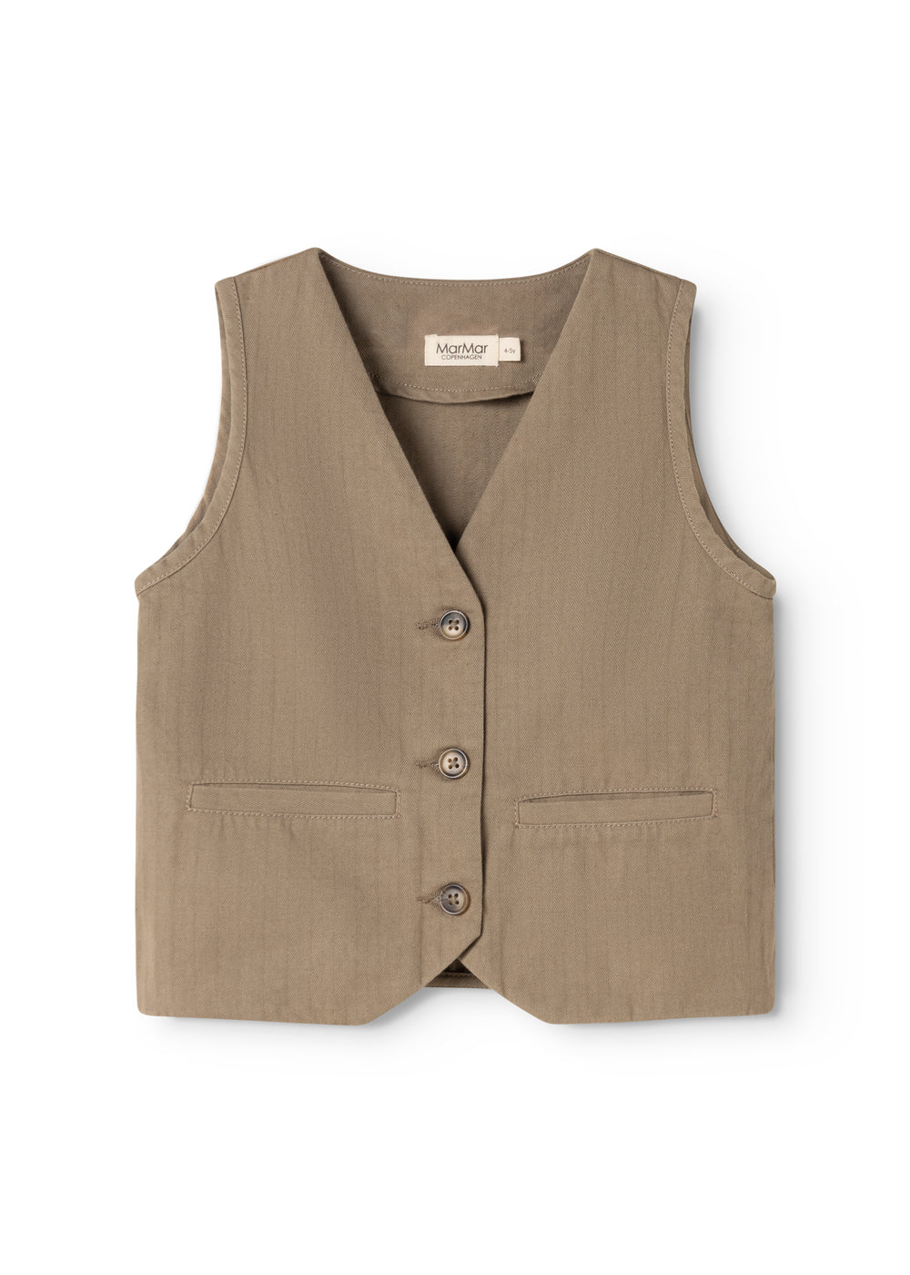 Brown boys' vest with button closure and V-neck.