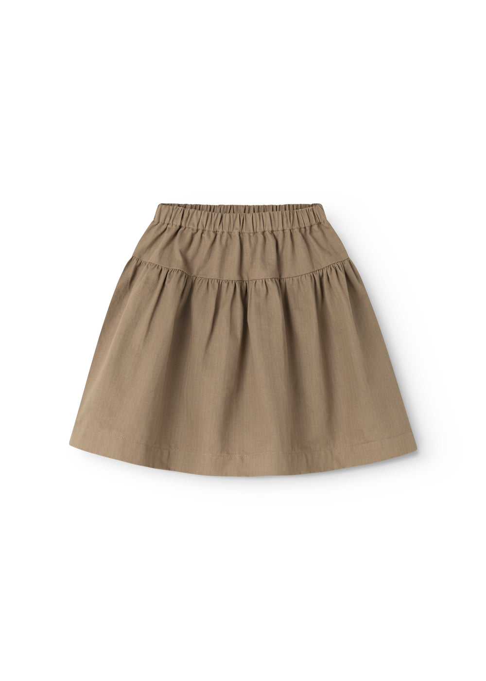 Brown skirt with elastic waistband and gathers at the bottom