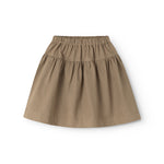 Brown skirt with elastic waistband and gathers at the bottom