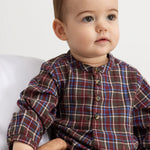 Children's long-sleeve shirt with brown, reddish and blue check pattern, button closure