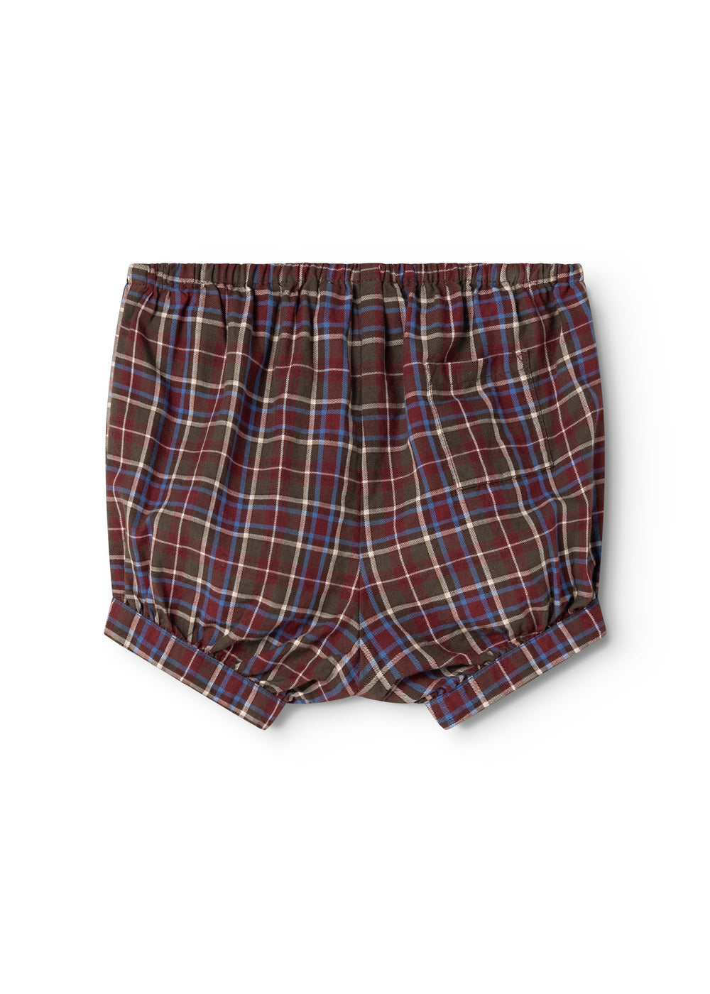 Chocolate brown checkered bloomers with gathered elastic waistband and short legs