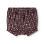 Chocolate brown checkered bloomers with gathered elastic waistband and short legs