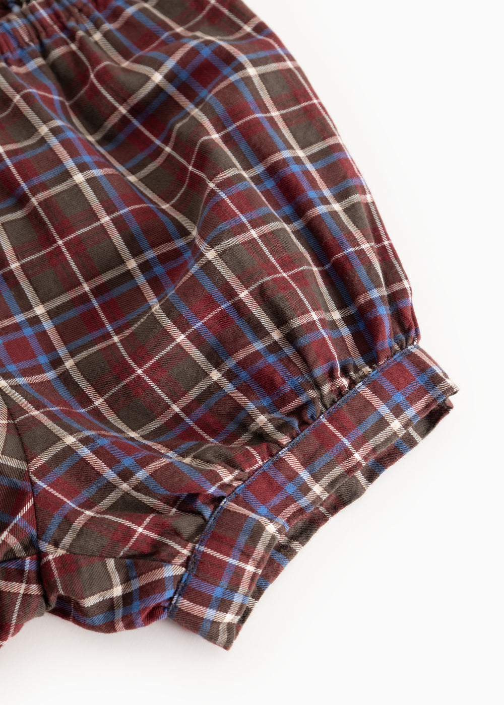 Chocolate brown checkered bloomers with blue and white squares, elastic waistband
