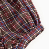 Chocolate brown checkered bloomers with blue and white squares, elastic waistband