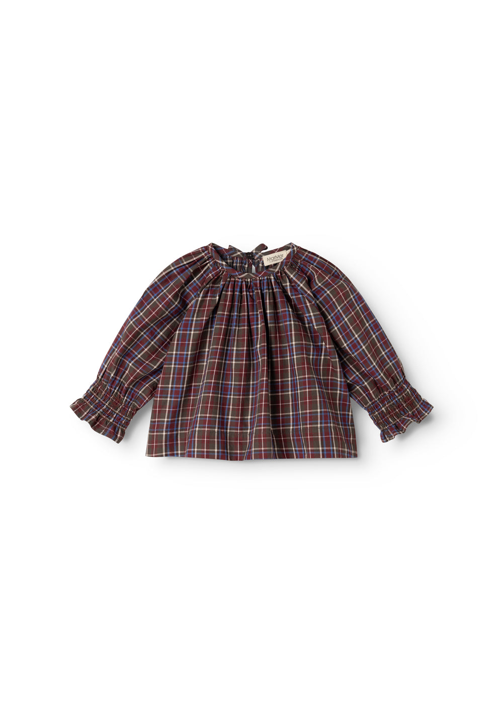 Children's blouse with check pattern in brown shades, gathered neckline
