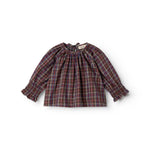 Children's blouse with check pattern in brown shades, gathered neckline