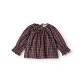 Children's blouse with check pattern in brown shades, gathered neckline