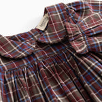 Tiered dress: collar and button closure at front with smocking detail at neckline