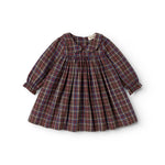 Tiered dress with long sleeves and smocking at the neckline, dark chocolate