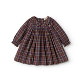 Tiered dress with long sleeves and smocking at the neckline, dark chocolate