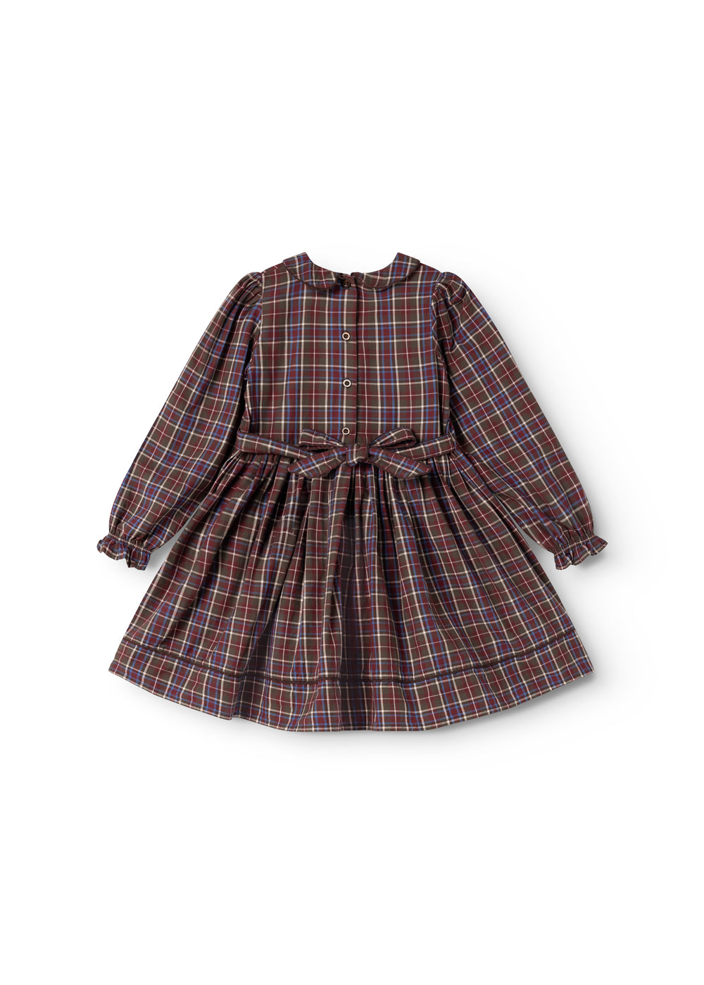 Dark checkered dress with long sleeves, buttons, and bow at the waist