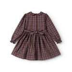 Dark checkered dress with long sleeves, buttons, and bow at the waist