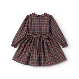 Dark checkered dress with long sleeves, buttons, and bow at the waist