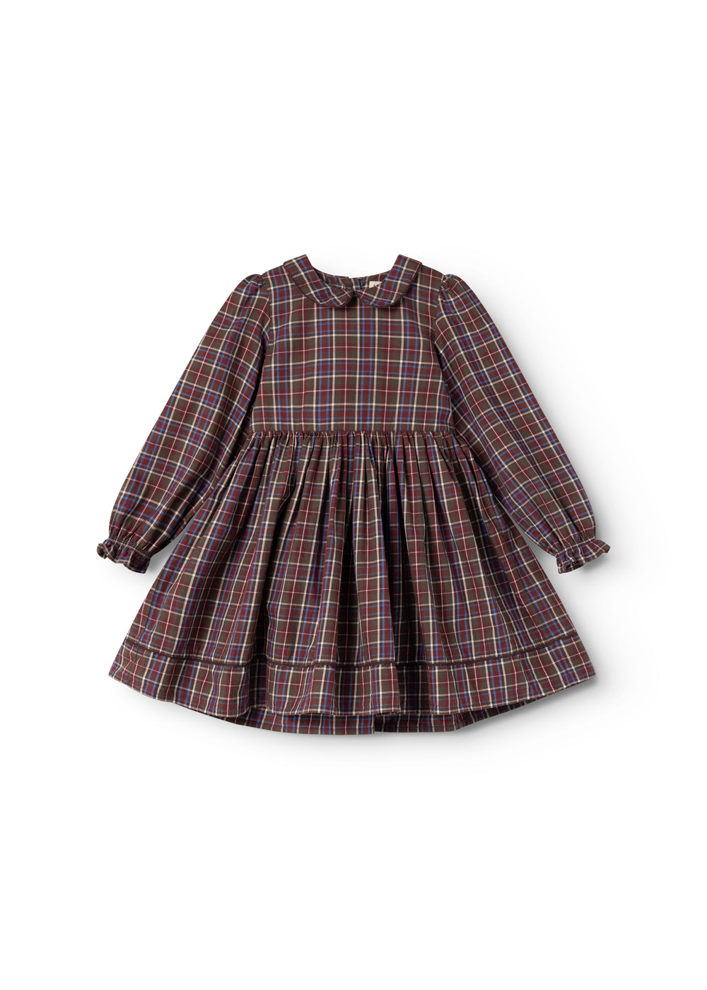 Dark checkered dress with long sleeves, buttons, and gathered skirt