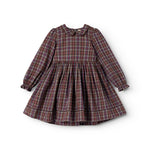 Dark checkered dress with long sleeves, buttons, and gathered skirt