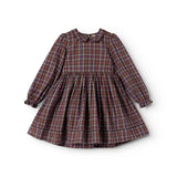 Dark checkered dress with long sleeves, buttons, and gathered skirt
