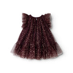 Dark purple tulle dress with gold dots, short tulle sleeve edge and light skirt