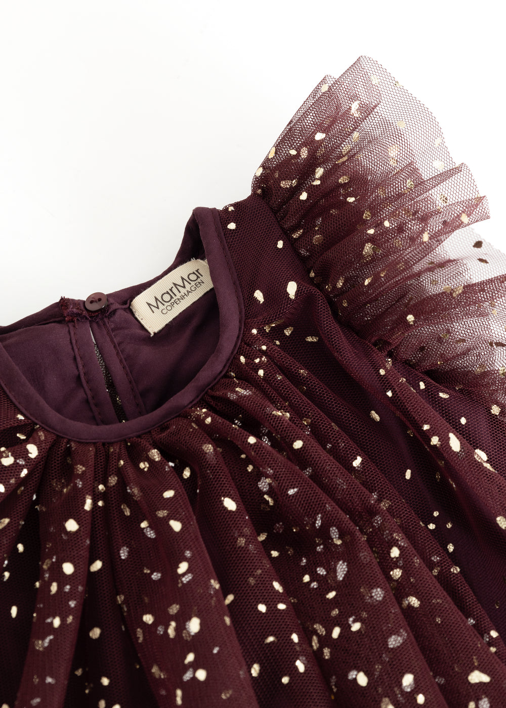MarMar dark purple tulle dress with round neck and gold dotted pattern