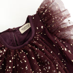 MarMar dark purple tulle dress with round neck and gold dotted pattern