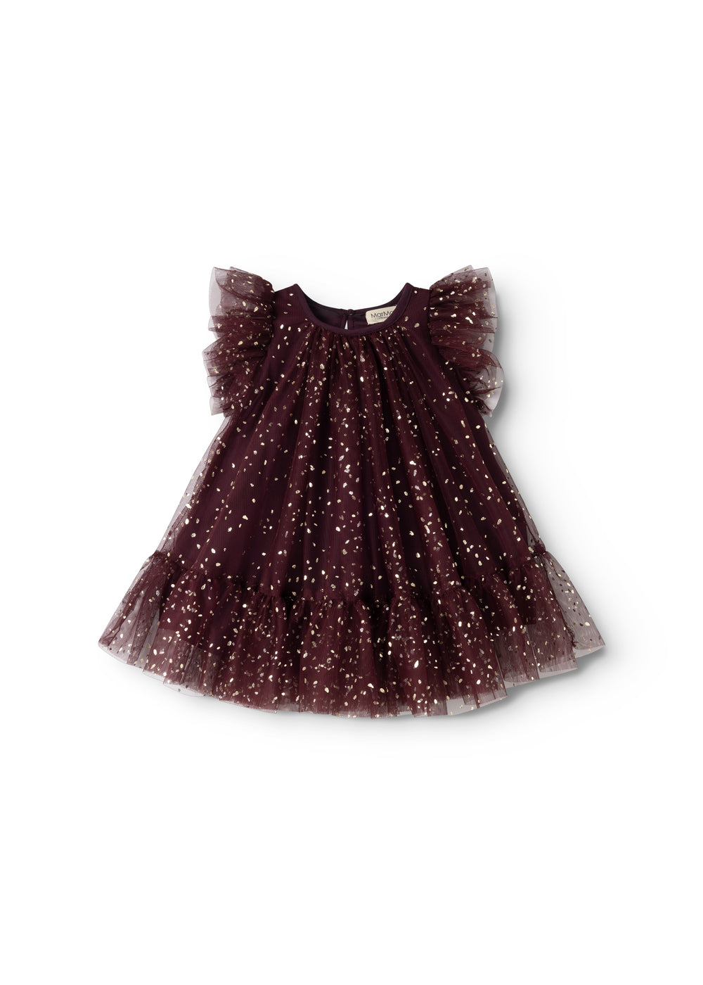 Dark purple tulle dress with gold dots, round neckline and flowing skirt