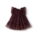 Dark purple tulle dress with gold dots, round neckline and flowing skirt