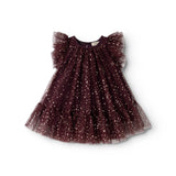 Dark purple tulle dress with gold dots, round neckline and flowing skirt